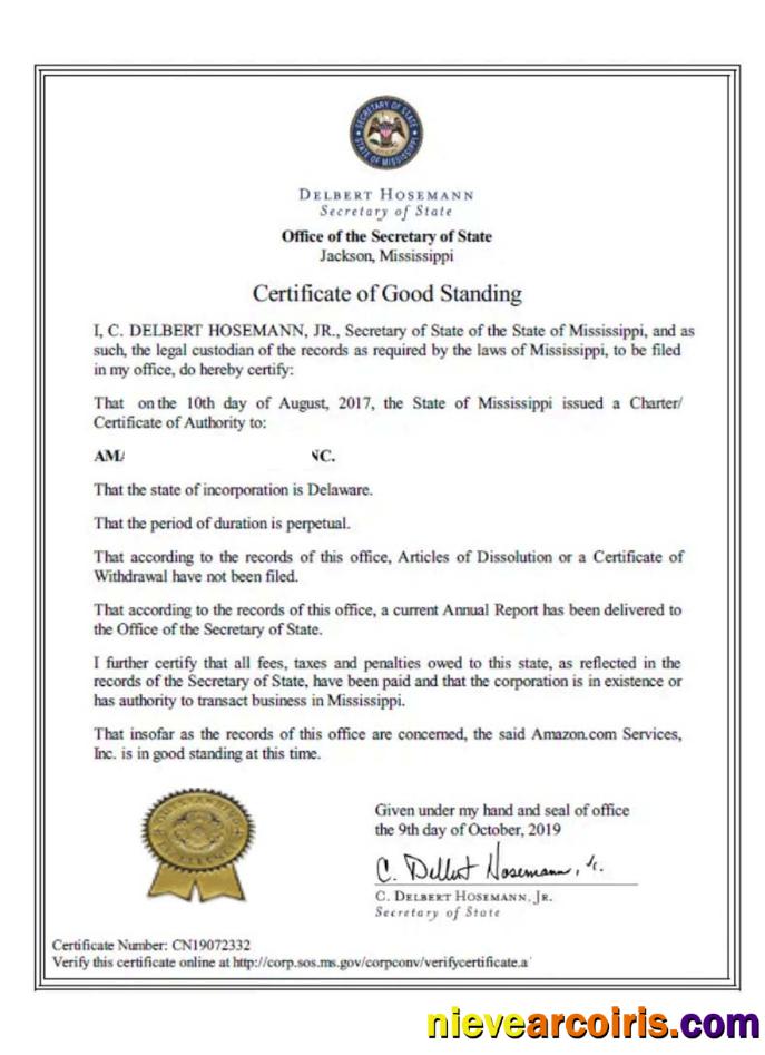 USA Mississippi certificate of good standing